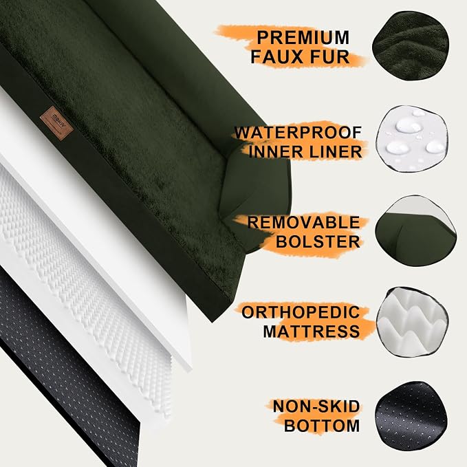 Orthopedic Waterproof Dog Bed with Bolster for Extra Large Size Dogs | Pillow Support for Neck Relief, Egg Crate Foam, Waterproof Liner, Anti-Slip Bottom, Removable Bolster Cover, 48 x 33 Inch