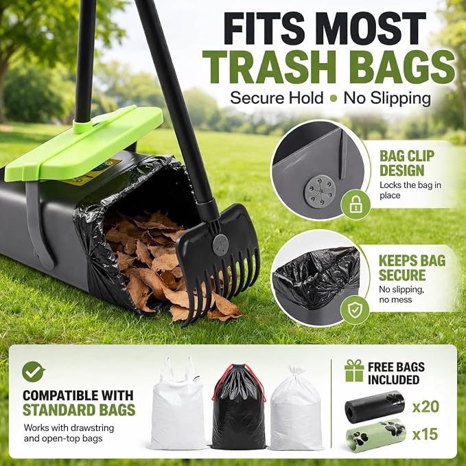 Pooper Scooper Swivel Bin & Rake Kit with 35 Bags – 46" Long Handle Heavy Duty Dog Poop Scooper with Bag Attachment, Yard Pet Waste Cleanup Tool for Large Medium Small Dogs