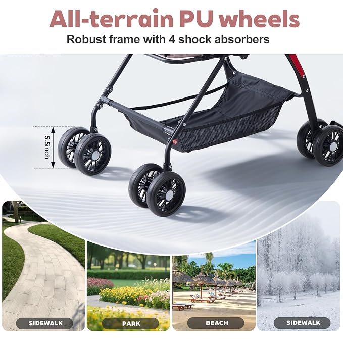4 Wheels Foldable Pink Pet Stroller with Waterproof Cover, Storage Basket & Cup Holder, Breathable Visible Mesh for All-Season, for Small/Medium Dogs and Cats