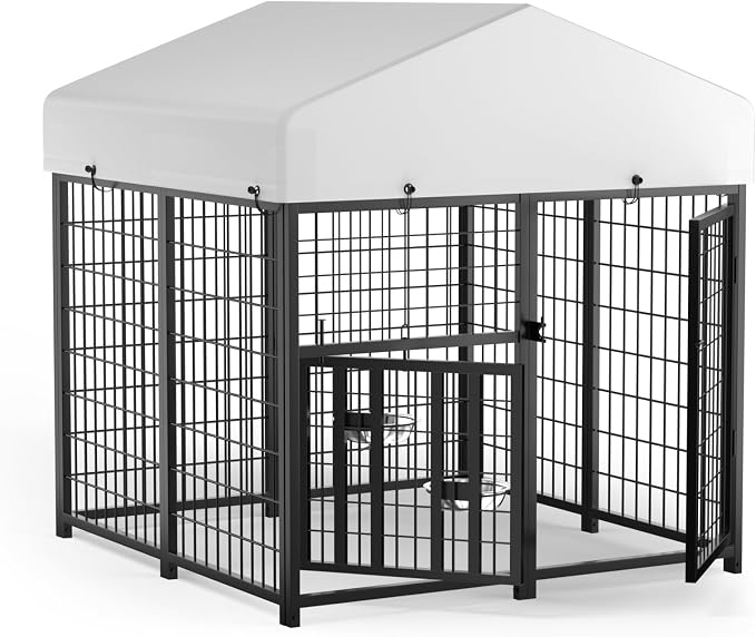 LOVMOR 4' x 4' Outdoor Dog Kennel with Roof for Large Dogs | Heavy duty steel frame, waterproof canopy, double latch door, adjustable feeding bowls for yards and patios