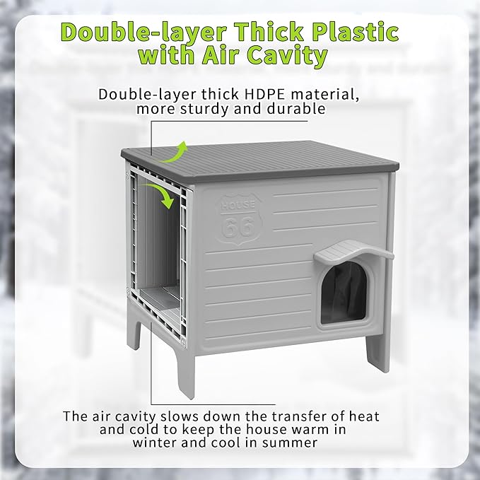 Outdoor Cat House Weatherpoof Large Plastic Cat Shelter Outside | with Escape Door Indoor Waterproof Feral/Pet Cat Houses for Multiple Cats (Grey)