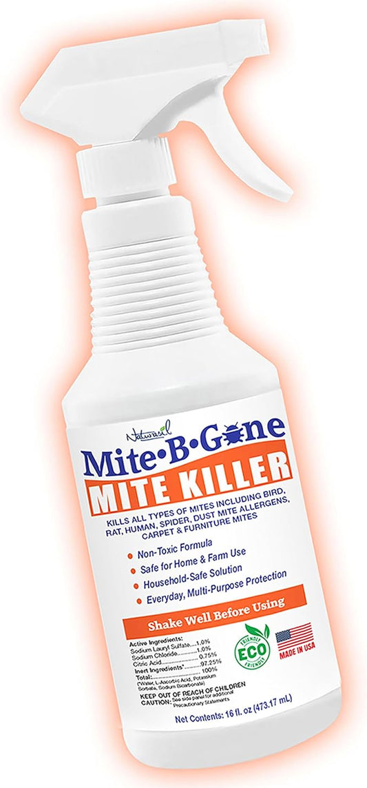 Dust Mite Killer Spray by Mite-B-Gone 16oz | Naturally Kills Human Mites, Chicken, Bird, Dust, Spider, Rat, Turkey, Carpet Mites | Family & Pet Safe Treatment for Homes, Furniture, Bedding & Farms