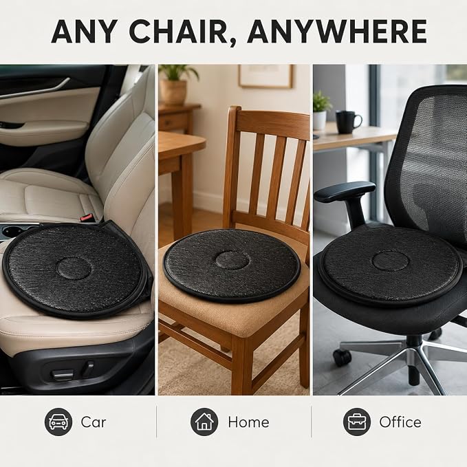YARNOW 360 Degree Swivel Seat Cushion for Car, Black Rotating Chair Pad, Non-Slip Auto Revolving Base for Elderly and Pregnant Women, Home Office Mobility Assist