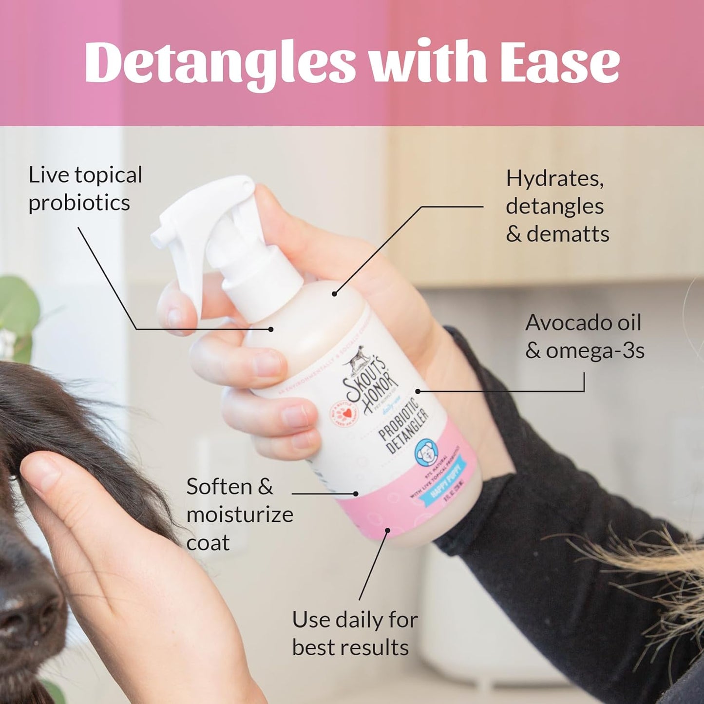 Skout's Honor Pet Detangler Spray - Hydrating & Conditioning with Avocado Oil & Probiotics, 97% Natural, Paraben & Sulfate-Free, softens for a More brushable Coat, Daily Use, 8oz, Happy Puppy