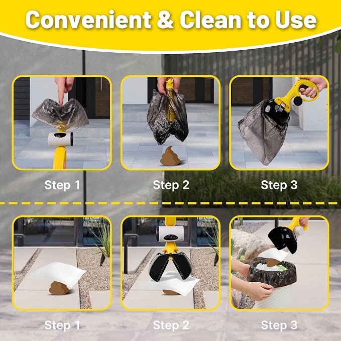 Portable Pooper Scooper for Dogs with Bag Dispenser & Leash Clip, Heavy Duty Dog Poop Scooper for Yard with Strong Serrated Edge and Comfort Grip Handle, Waste Pick Up Tool for Small,Medium,Large Dogs