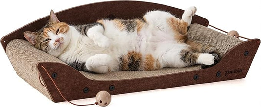 ZOMISIA 26'' Cardboard Cat Scratcher Bed - Large Scratcher Couch for Indoor Cats, Orthopedic Scratching Board, Lounger Scratching Couch with Bells