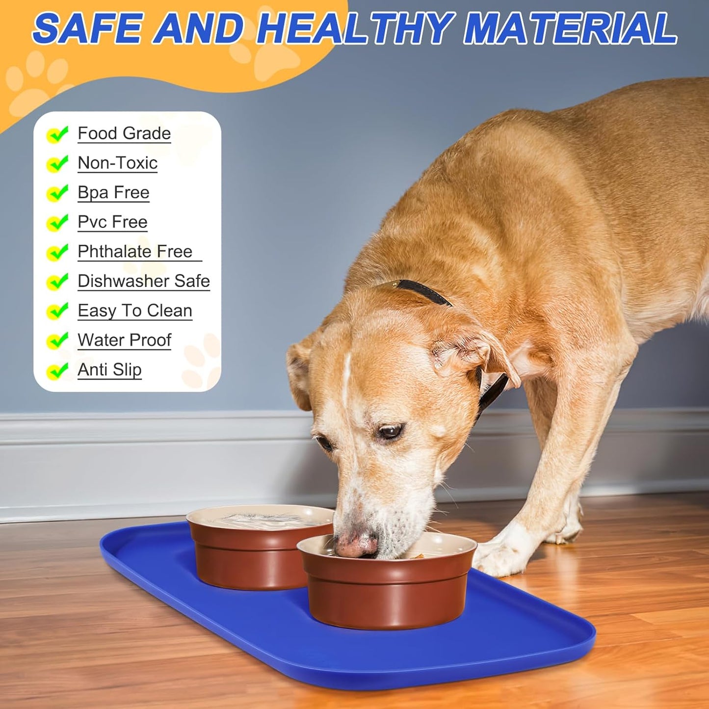 Silicone Pet Feeding Mat with Raised Edge for Food and Water, Dog Bowl Mats, Cat Bowls Placemat with High Lip for Floor Waterproof, Rubber Tray for Cats and Dogs 22 x 14 x0.8 Navy Blue