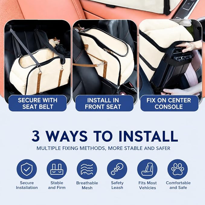 Center Console Pet Carrier for Small Dogs & Cats, Dog Car Seat with Foldable Top Window and Non-Slip Safety Straps, Travel Backpack
