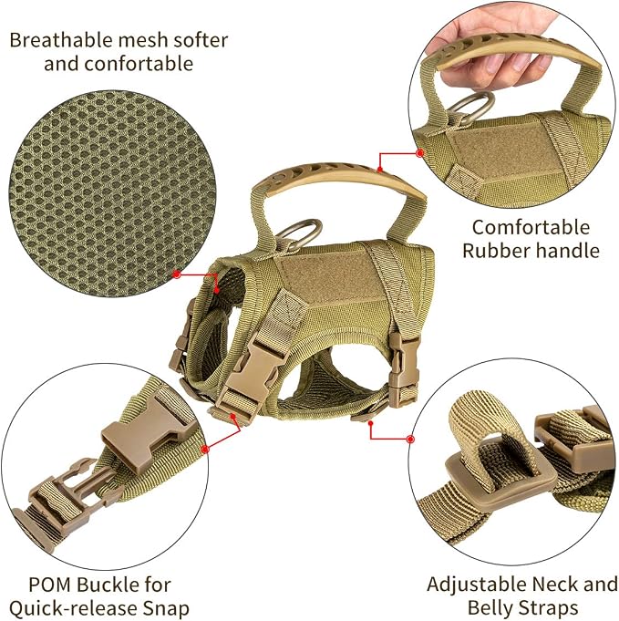 Tactical Nylon Adjustable Dog Vest Harness Comfy Mesh Padding Puppy Vest with Quick-Release Buckle and Rubber Handle for Small Dog/Big Cat