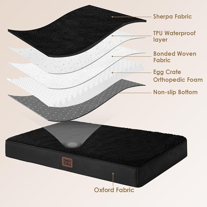 EHEYCIGA Orthopedic Dog Bed Large with Removable Washable Cover, 44IN Black | Egg Crate Foam Support, Durable Oxford fabric, Non-Slip Bottom, Machine Washable, Soft Waterproof Plush Pet Bed Mat For Crate