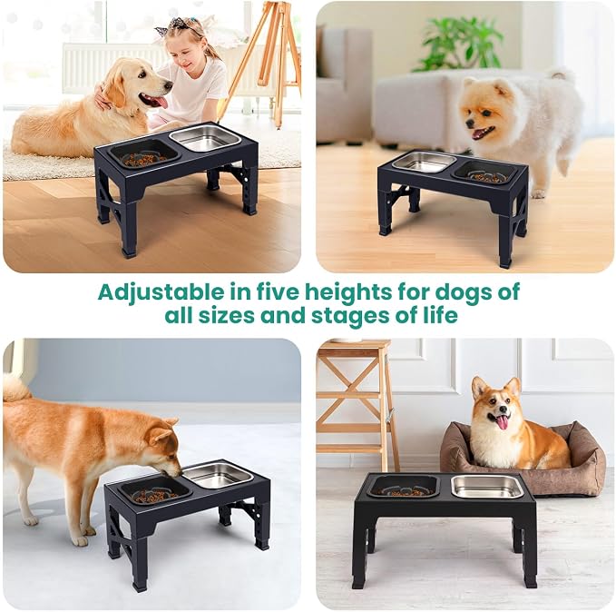 Elevated Dog Bowls, with Slow Feeder Bowl and Stainless Steel Dog Food Bowl, Raised Dog Bowls Adjusts to 5 Heights (3.15", 8.66", 9.84",11.02", 12.2") for Small Medium and Large Dogs