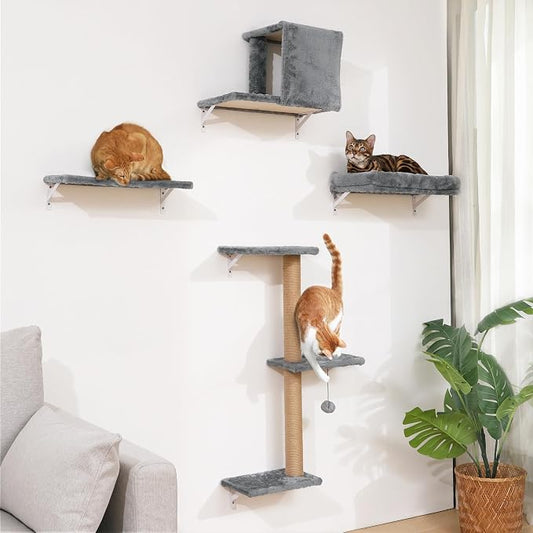 FUKUMARU Cat Wall Shelves, 4 in 1 Set, Light Gray | Stable & Safe Cat Walls Furniture, Wooden Kitten Climbing Wall with Scratching Post for 16 Inch Drywall