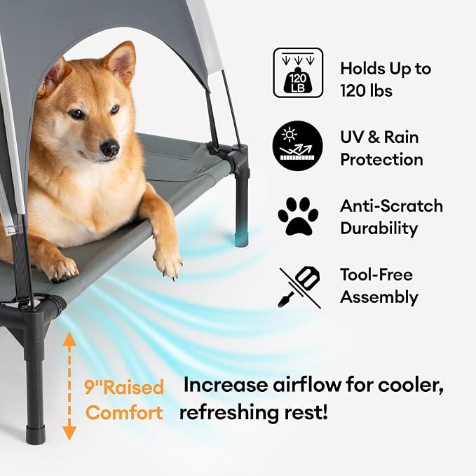 Outdoor Elevated Dog Bed with Canopy for Medium Dog, 36" Grey | Portable Raised Camping Pet Cot Hammock,Breathable Teslin Mesh,Weather Resistant,For Medium Pet Up to 55 lbs,Easy to Assemble