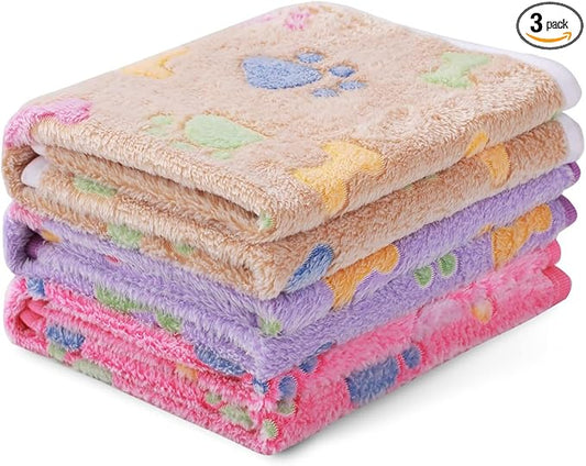 1 Pack 3 Blankets Super Soft Fluffy Cute Bone Pattern Pet Blanket Flannel Throw for Dog Puppy Cat Pink/Brown/Purple Small