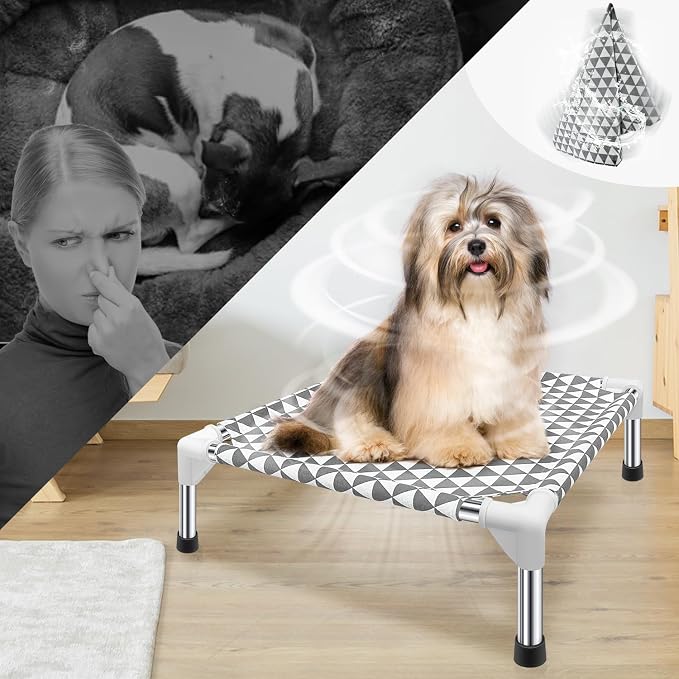 Kuntrust Elevated Outdoor Dog Bed for Small Pets，Fits up to 50lbs | Breathable Fabric, Dual-Layer Cotton, Stainless Steel Frame, Anti-Slip Feet