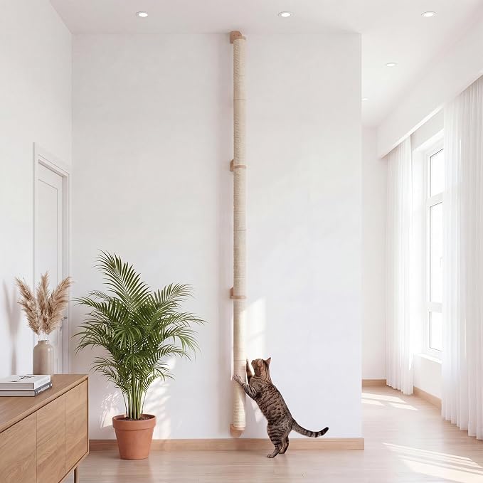 84" Tall Wall Mounted Cat Scratcher Post, Cat Wall Shelves Furniture, 6 Pcs 14 Inch Sisal Climbing Poles with 5 Brackets, Kitten Modular Scratch Tower, Space Saving Pet Supplies