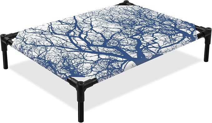 Outdoor Elevated Dog Bed for Large Dogs, Modern Tree Branches Breathable Cooling Raised Dog Cot for Indoor/Outdoor, Contemporary Sky Blue Botanical Waterproof Elevated Pet Beds, L 28 x 22 in