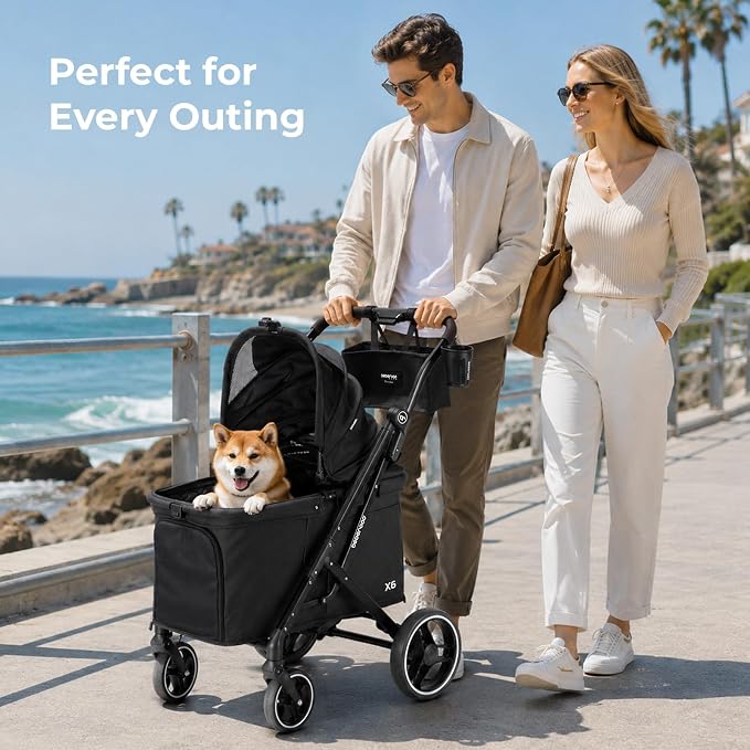 X6 Pet Stroller for Medium Large Pets Up to 70Lbs, Black | 10" Dual-Side Entry, 180° Detachable Canopy, All-Terrain Wheels, Shock Absorption, One-Hand Fold