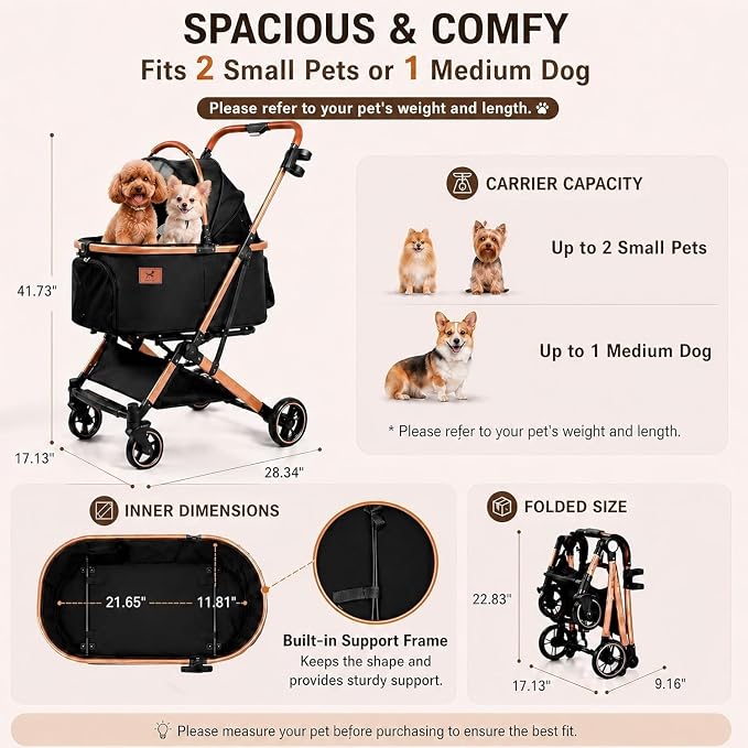 6-in-1 Foldable Dog Stroller for Small to Medium Dogs & Cats | Frame Supports up to 50 lbs, Luxury Black & Gold Pet Stroller with Detachable Carrier, Foldable Travel Stroller, 360° Wheels