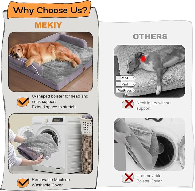 Orthopedic Waterproof Dog Bed with Bolster for Extra Large Size Dogs | Pillow Support for Neck Relief, Egg Crate Foam, Waterproof Liner, Anti-Slip Bottom, Removable Bolster Cover, 48 x 33 Inch