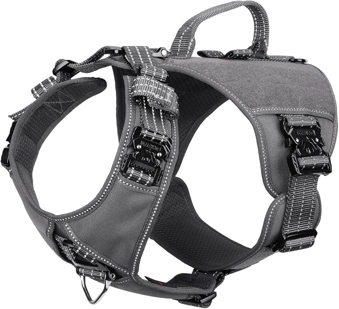 ICEFANG Quick-Moving Tactical Dog Harness for Large Dogs,No Pull Dog Vest | Control Handle,Reflective,Full Metal Buckles,Adjustable,Hook-and-Loop Panel,Soft Padded,Grey,Large