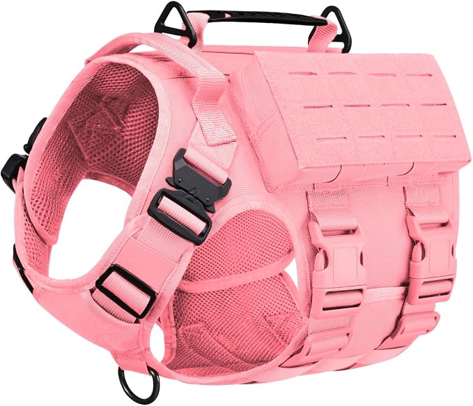 AIWAI Tactical Dog Harness with Handle for Large Dogs,2X Metal Buckle, Dog MOLLE Vest with Pockets,No Pull Adjustable Pet Harness, Easy Control Dog Vest Harness for Working Training (Pink, Large)
