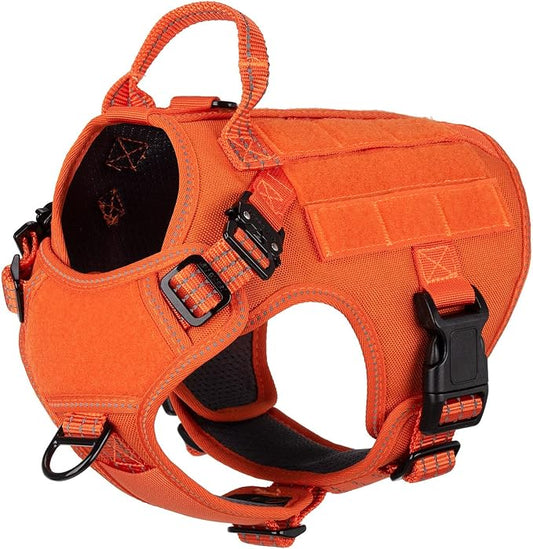 ICEFANG Tactical Dog Harness for Small Dogs,Reflective No Pull Dog Vest | with Control Handle,Adjustable,Front Hook,2 Leash Clips,Soft Padded,MOLLE Panel,Orange,Small