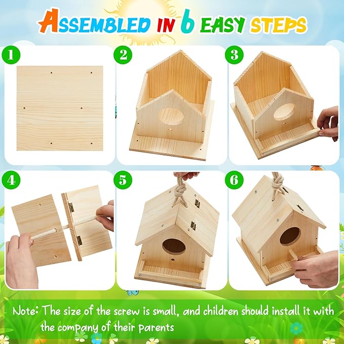 Liliful 1 Sets Wooden DIY Birdhouse Kit Unfinished Bird Houses with Paints and Paintbrushes Bird Feeder Craft Arts for Boy or Girl Classroom Activity and Christmas Kids Wooden Craft Gifts