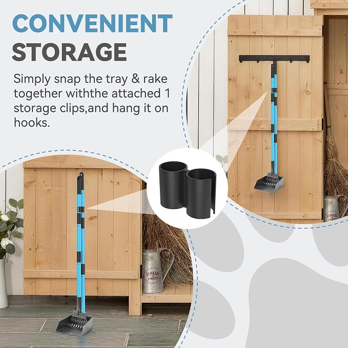 Dog Pooper Scooper, Pooper Scooper for Large Dogs Long Handle | Stainless Metal Tray and Rake, Poop Scoop Suitable for Large Dogs, Small Dogs, Suitable for Use on Grass, Dirt, Gravel (Blue)