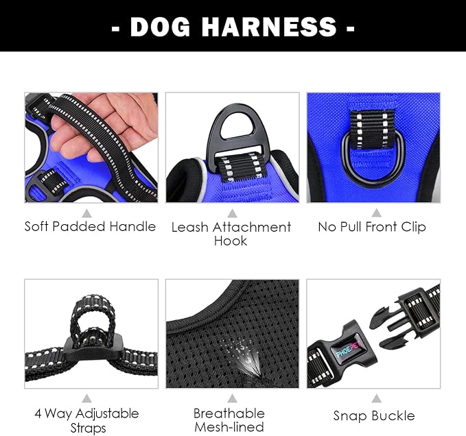 No Pull Dog Harness Medium Reflective Front Clip Vest with Handle | Adjustable 2 Metal Rings 3 Buckles,[Easy to Put on & Take Off](S, Royal Blue)