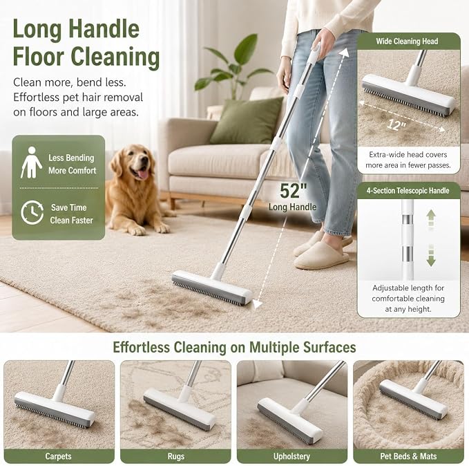GOOGO Pet Hair Removal Tool Kit, 3 Pieces, White | 3 piece white tool kit, long handle brush, 50 in length, for pet hair on sofas, rugs, seats, and car mats