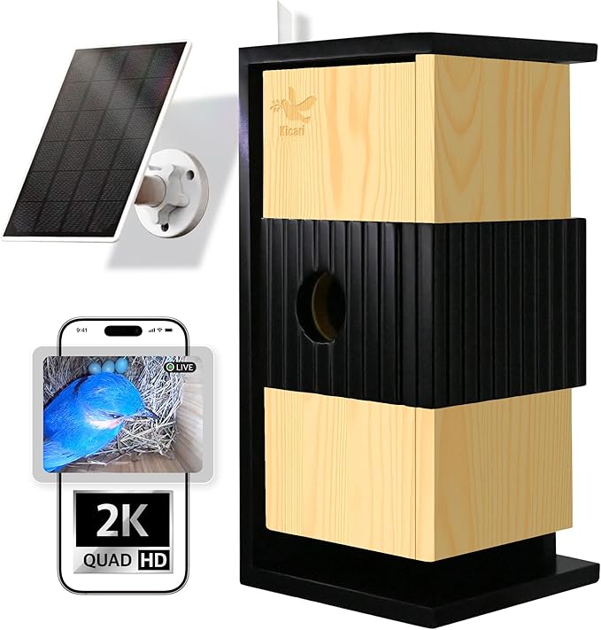 Kicari Bird House with Camera 2K HD, Solar & Battery Powered, Dual Night Vision, PIR Motion Sensor, Two-Way Audio, WiFi App Control, Smart Weatherproof Wooden Bluebird Nest Box for Outdoors, Natural