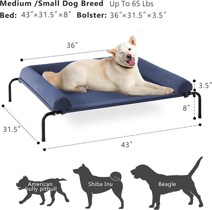 Cooling Elevated Dog Bed for Large Dogs, Outdoor Raised Dog Beds Dogs Cot | Dogs Bed W/Breathable Mesh, Pet Cots W/Removable Waterproof Bolster