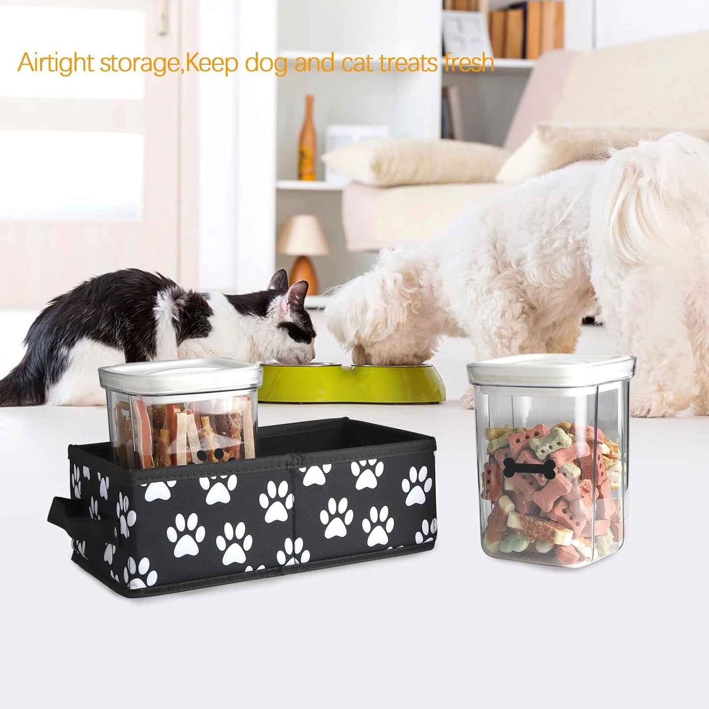 Dog Treat Container for Countertop,2pack Dog Treat Jars,Cat Treat Jars,Pet Food Treat Organizer,Pet Food Storage For Puppy Kitten-Dog Treat Station Dog Food Box Set With Handle- Paw Print