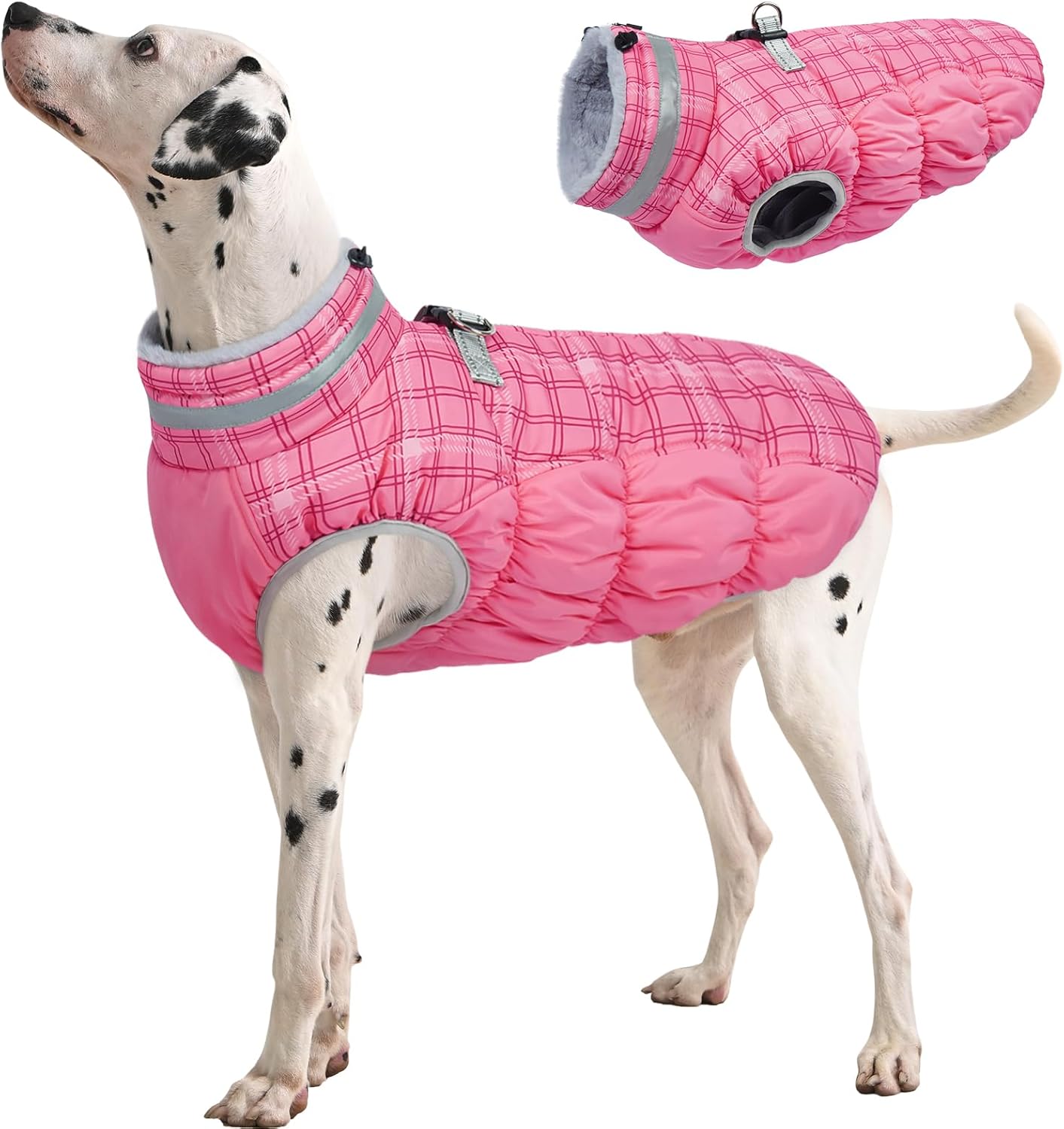 FUAMEY Dog Coat for Large Dogs,Waterproof Dog Winter Jacket with Harness Built in Puppy Cold Weather Coats Reflective Pet Vest with Zipper Warm Fleece Dogs Snowsuit Windproof Rose Plaid XL