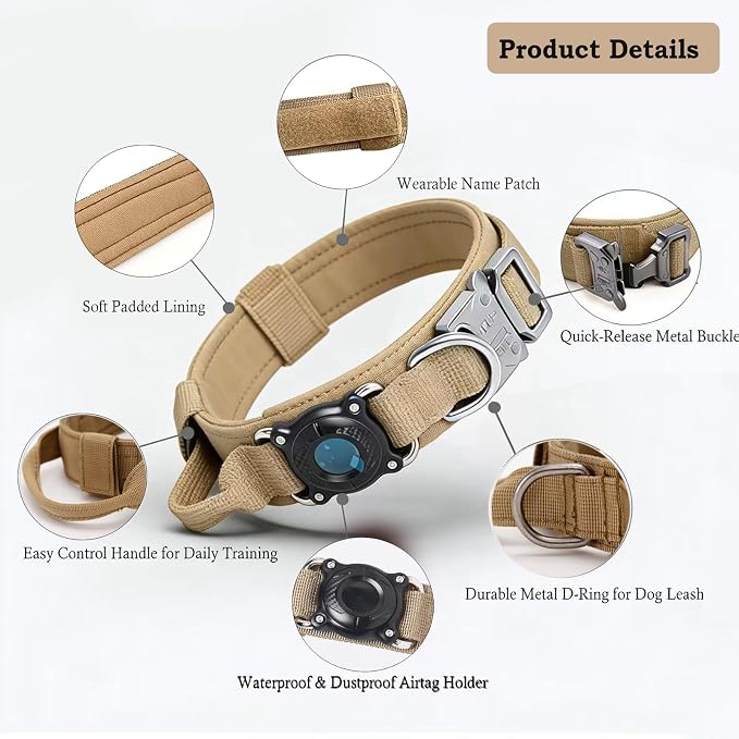 AirTag Dog Collar for Large Dogs Tactical Dog Collar with AirTag Holder | Upgrade Waterproof,Adjustable,Control Handle,Quick-Release Metal Buckle,1000D Nylon Fabric,Soft-Padde,Velcro Patch(Brown,M)