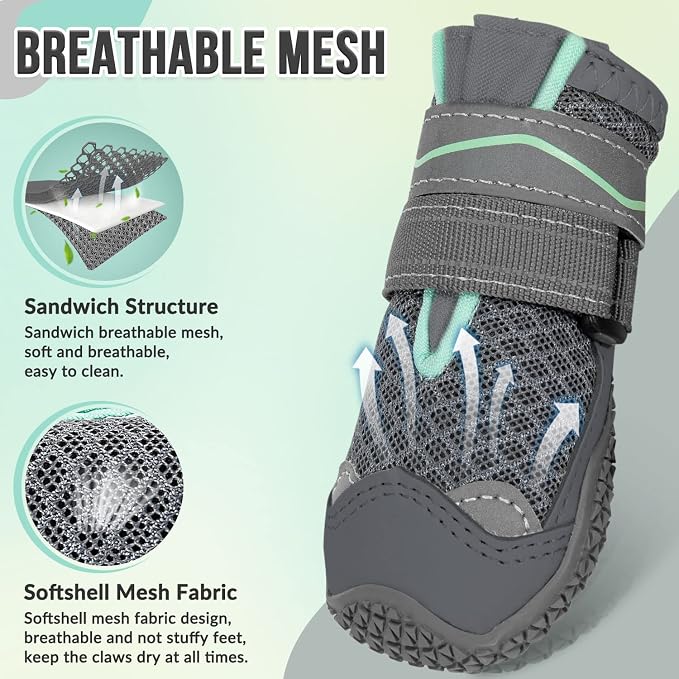 SlowTon Dog Shoes for Large Small Medium Dogs - Breathable Dog Boots for Summer Hot Pavement, Paw Protector for Outdoor Walking Winter Snow, Anti-Slip Rubber Dog Booties for Hardwood Floor (Grey, 4)