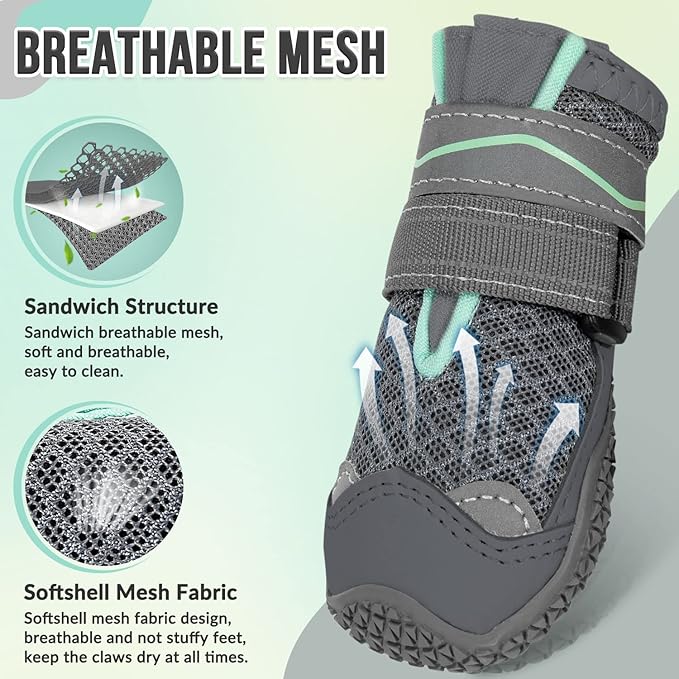 SlowTon Dog Shoes for Large Small Medium Dogs - Breathable Dog Boots for Summer Hot Pavement, Paw Protector for Outdoor Walking Winter Snow, Anti-Slip Rubber Dog Booties for Hardwood Floor (Gray, 1)