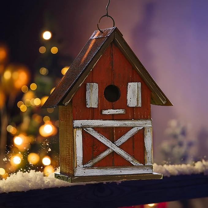 Topadorn Christmas Birdhouse, Hanging Wooden Garden Bird House for Outside, Unique for Bird Lovers, Outdoor Holiday Garden Decor for Blue Bird, Cardinals, Sparrow, Chickadee