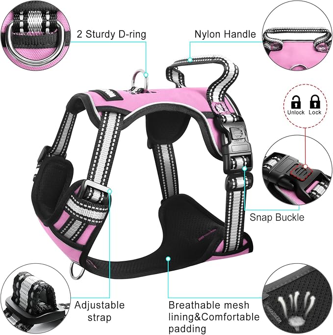 Dog Harness No Pull, Pet Harnesses with Dog Collar, Adjustable Reflective Oxford Outdoor Vest, Front/Back Leash Clips for Small, Medium, Large, Extra Large Dogs, Easy Control Handle for Walking