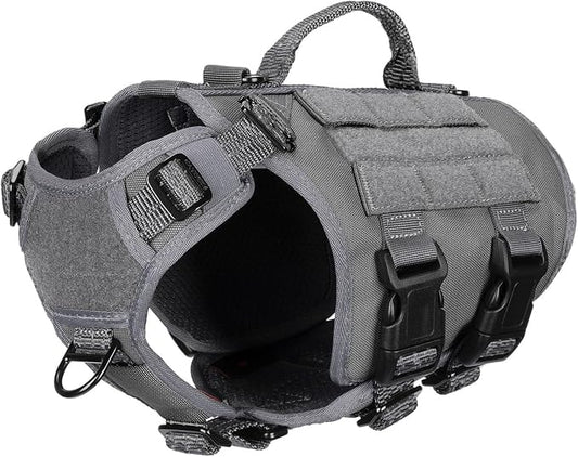 ICEFANG No Pull Tactical Dog Harness for X-Small Dogs,Adjustable Dog Vest | Control Handle,MOLLE Panel,Front Hook,3 Leash Clips,Soft Padded,for walking training,Grey,X-Small