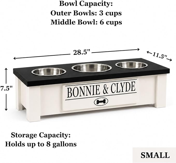 3 Bowl Dog Feeding Station, Personalized Triple Bowl Food Stand Medium Dogs | Farmhouse Style, Elevated Wood Stand, Storage Container, Stainless Steel Bowls, Raised Anti-Slip Feeder, Made in USA
