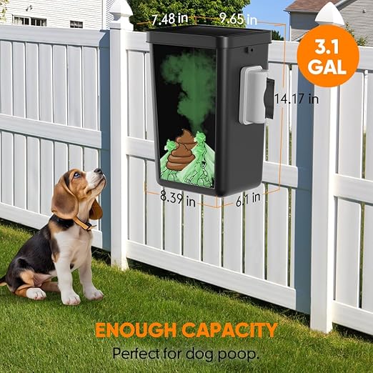 Moryimi Dog Poop Trash Can Outside 3.1 Gallon | Dog Waste Trash Can with Trash Bag Dispenser, Outdoor Dog Poop Trash Can with Lid, Black Hanging Trash Can for Fence, Garbage