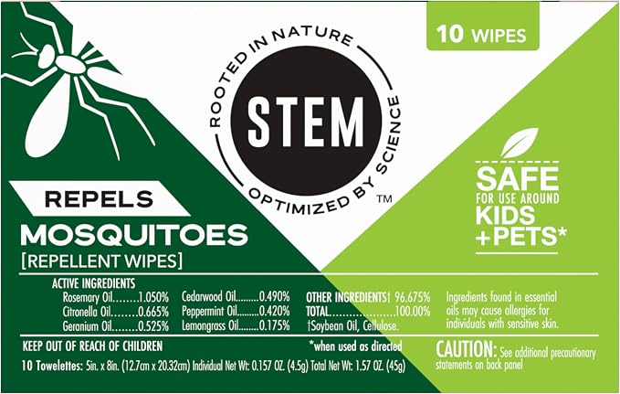 STEM Mosquito and Tick Repellent Wipes with Botanical Extracts - 10 Wipes