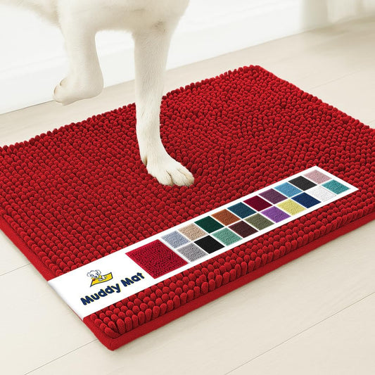 Muddy Mat® AS-SEEN-ON-TV Highly Absorbent Microfiber Door Mat and Pet Rug, Non Slip Thick Washable Area and Bath Mat Soft Chenille for Kitchen Bathroom Bedroom Indoor and Outdoor - Red 24" x 96"