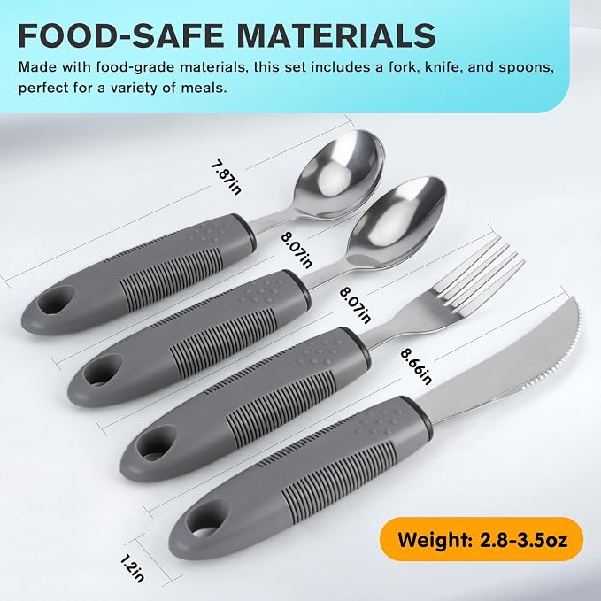 AuntyFey 4PCS Weighted Adaptive Utensils, Parkinsons Utensils for Hand Tremors, Elderly, 3.5oz Weighted Utensils for Tremors and Parkinsons Patients, Disabled (Gray, Straight)