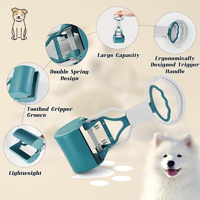 Andiker Dog Pooper Scooper with Short Handle, 10.23" Tall Dual-Spring Pet Pooper Scooper with 1 Roll of Dog Poop Bag and a Dispenser Easy to Use Dog Poop Scooper for Yard Picking Waste Up (Green)