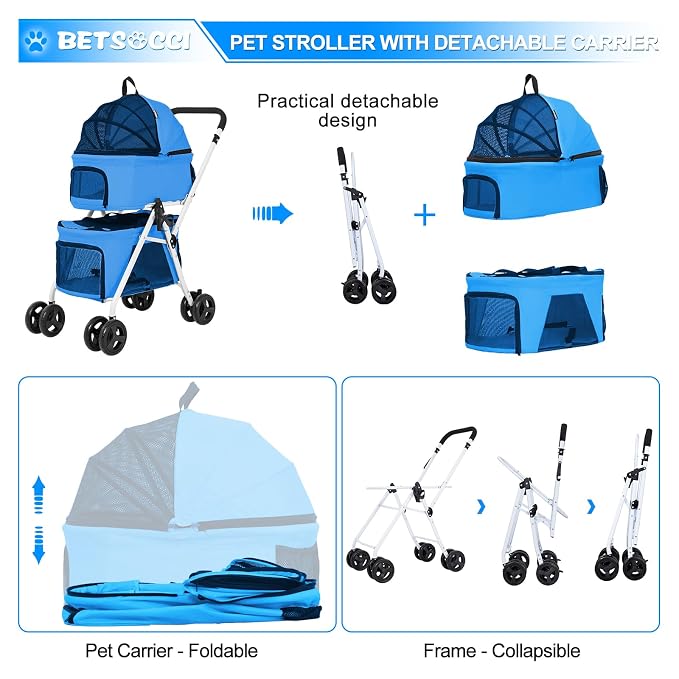 Double Dog Stroller with 2 Detachable Carrier, Portable Pet Stroller for Small Dogs & Cats Folding Lightweight Puppy Travel Carriage, 4 Wheels, Azure