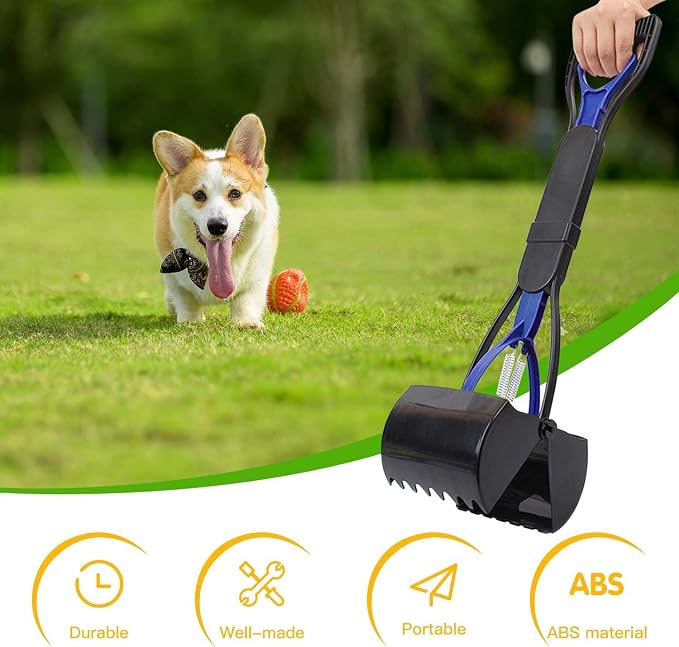 24 Inch Portable Dog Pooper Scooper for Large Small Dogs | Foldable Dog Poop Scoop with Waste Bag Dispenser & 30 Bags, Grass Friendly, Plastic, Grass Friendly, Easy to Use Lever