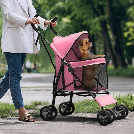 Dog Stroller for Small Dogs 10 lbs -22lbs Puppy Stroller Medium Dog Wagon Small Pet Stroller for Cats, Cat Strollers for 2 Cats, Rear Storage, Pink
